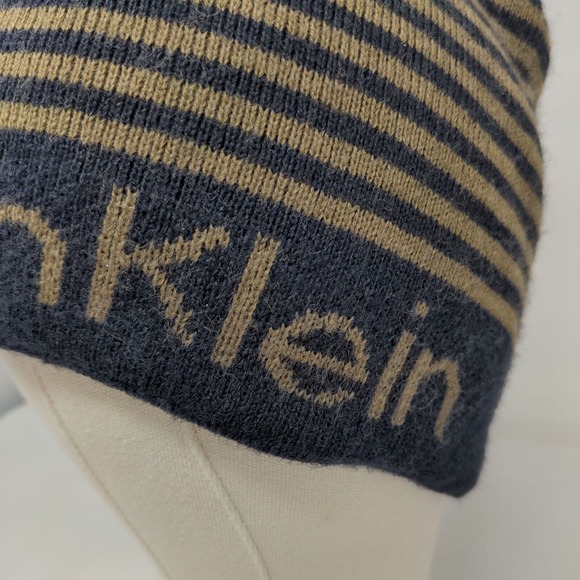 Calvin Klein Men's Beanie Hat Black 100% Acrylic Striped Spell Out - Picture 5 of 13